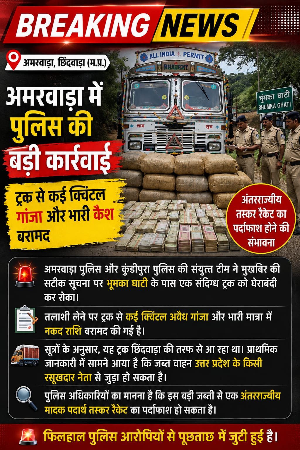 ट्रक से कई क्विंटल गांजा और भारी नकद बरामद!पुलिस की संयुक्त कार्रवाई में अवैध मादक पदार्थ का बड़ा भंडाफोड़