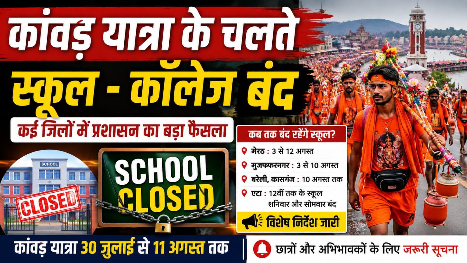 यूपी में कांवड़ यात्रा के चलते कई जिलों में स्कूल-कॉलेज बंद, प्रशासन ने जारी किए विशेष निर्देश