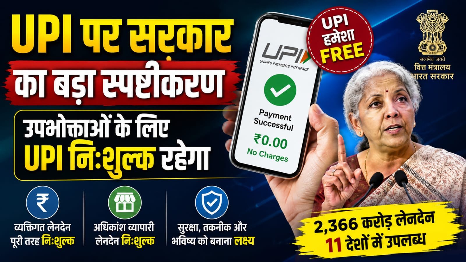 UPI पर सरकार का बड़ा स्पष्टीकरण: उपभोक्ताओं से नहीं लिया जाएगा कोई शुल्क, निजी लेनदेन पूरी तरह निःशुल्क
